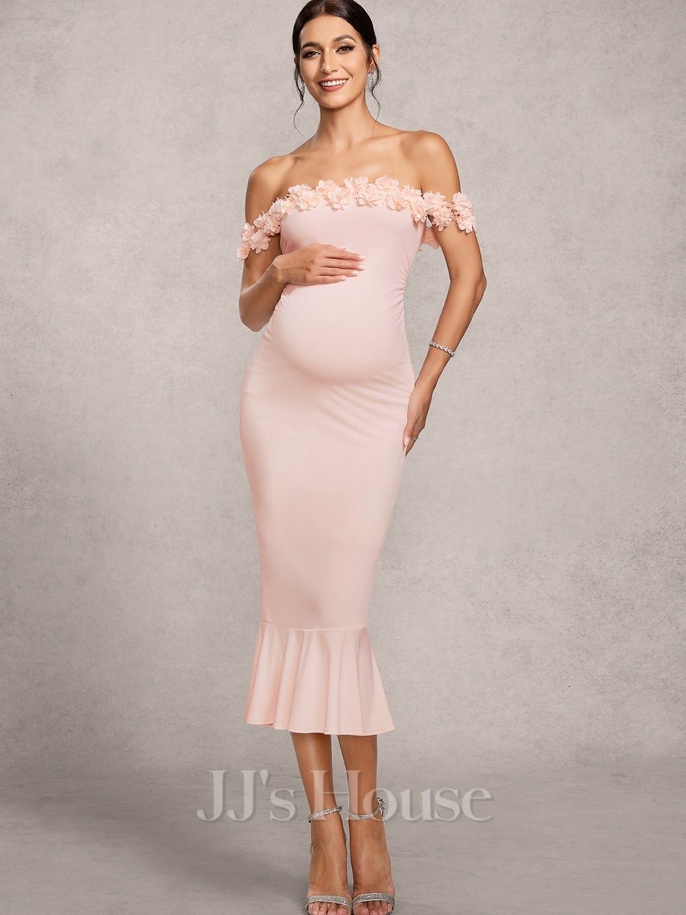 Blush Pink One-Shoulder Maternity Midi Dress with Floral Trim